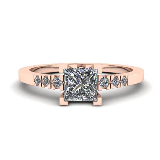 Princess Cut Diamond Ring with 3 Small Side Diamonds Rose Gold, Enlarge image 1