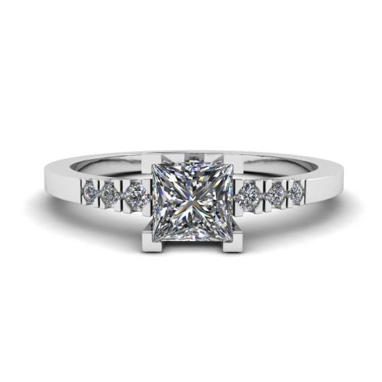 Princess Cut Diamond Ring with 3 Small Side Diamonds, Enlarge image 1