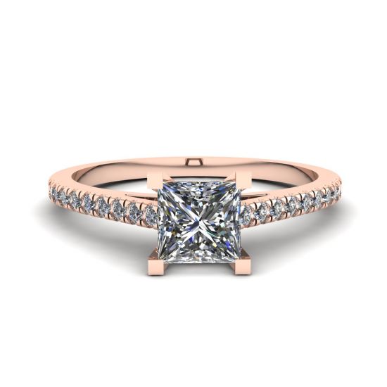 Princess Cut Scalloped Pave Engagement Ring Rose Gold, Enlarge image 1