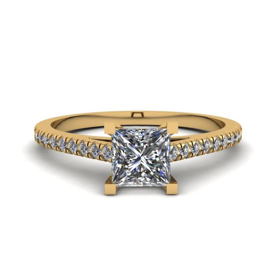 Princess Cut Scalloped Pave Engagement Ring Yellow Gold, Enlarge image 1