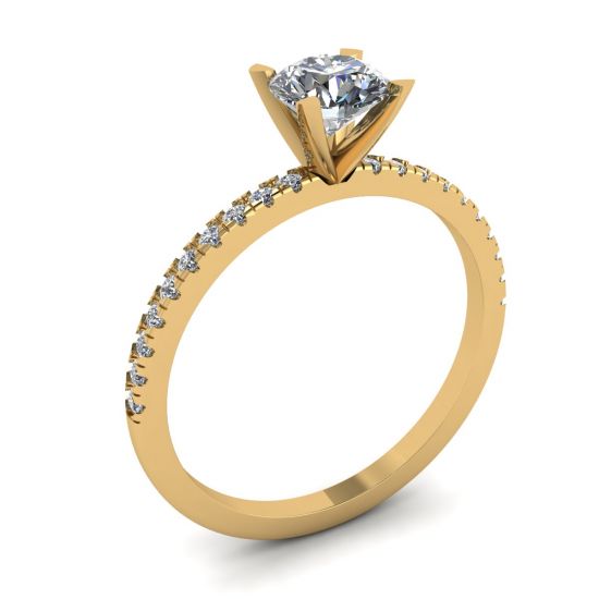 Classic Round Diamond Ring with thin side pave Yellow Gold,  Enlarge image 4