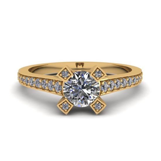 Designer Ring with Round Diamond and Pave in 18K Yellow gold, Enlarge image 1