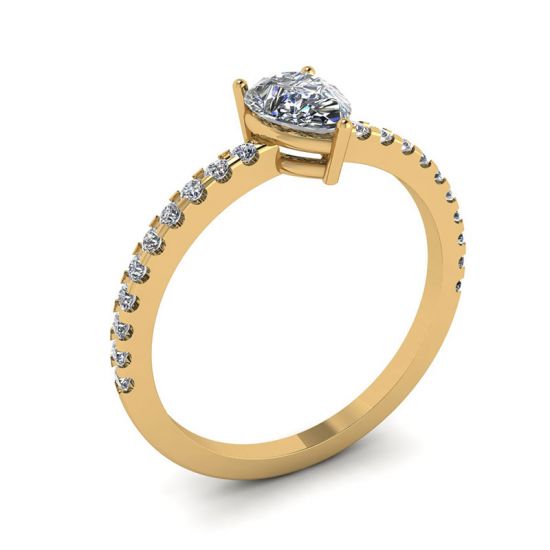 Pear Diamond Ring with Side Pave Yellow Gold,  Enlarge image 4