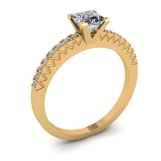 Princess Cut Diamond Ring in V with Side Pave Yellow Gold,  Enlarge image 4