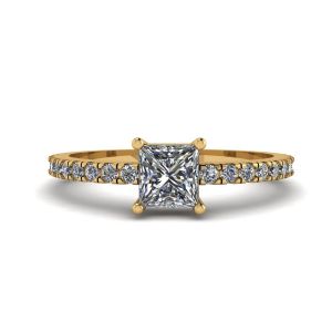 Princess Cut Diamond Ring with Side Pave in 18K Yellow Gold