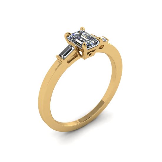 Emerald Cut and Side Baguette Diamond Ring Yellow Gold,  Enlarge image 4