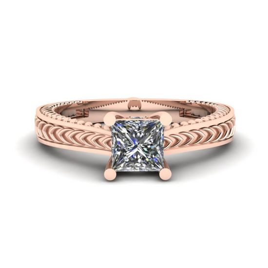Oriental Style Princess Cut Diamond Ring 18K Rose Gold, Enlarge image 1