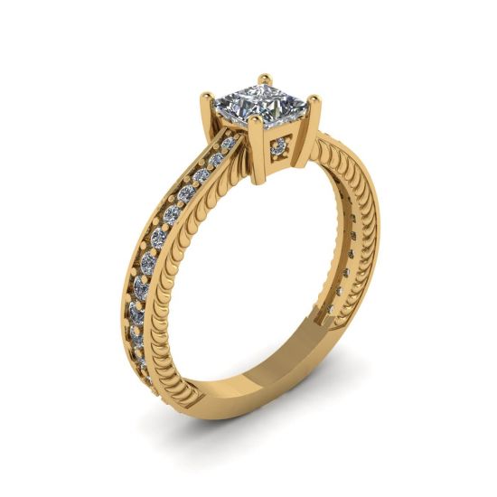 Oriental Style Princess Diamond Ring with Pave in 18K Yellow Gold,  Enlarge image 4