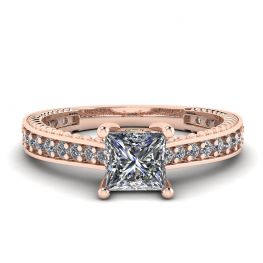 Oriental Style Princess Diamond Ring with Pave in 18K Rose Gold