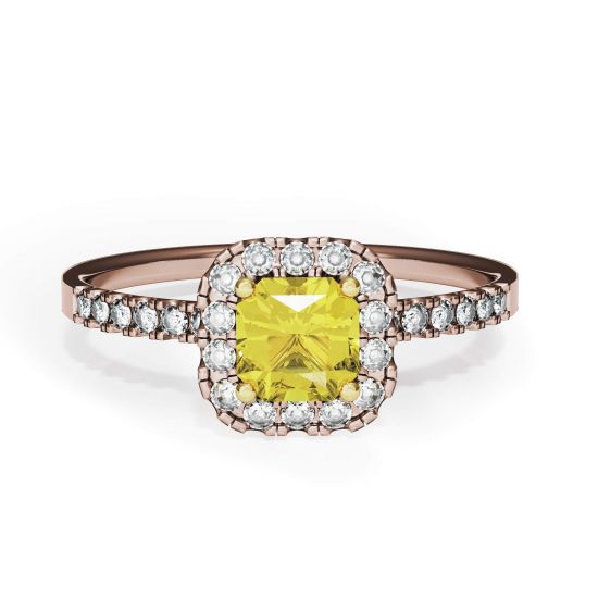 Cushion 0.5 ct Yellow Diamond Ring with Halo Rose Gold, Enlarge image 1