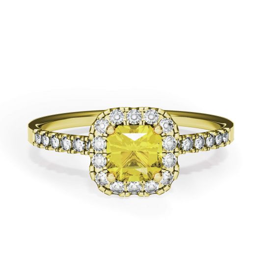 Cushion 0.5 ct Yellow Diamond Ring with Halo Yellow Gold, Enlarge image 1