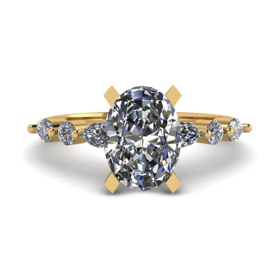 Oval Diamond Side Marquise and Round Stones Ring Yellow Gold, Enlarge image 1