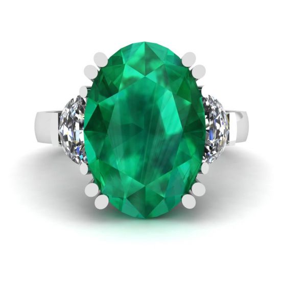 Oval Emerald with Half-Moon Side Diamonds Ring, Enlarge image 1