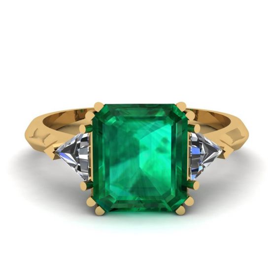 3 carat Emerald Ring with Triangle Side Diamonds Yellow Gold, Enlarge image 1