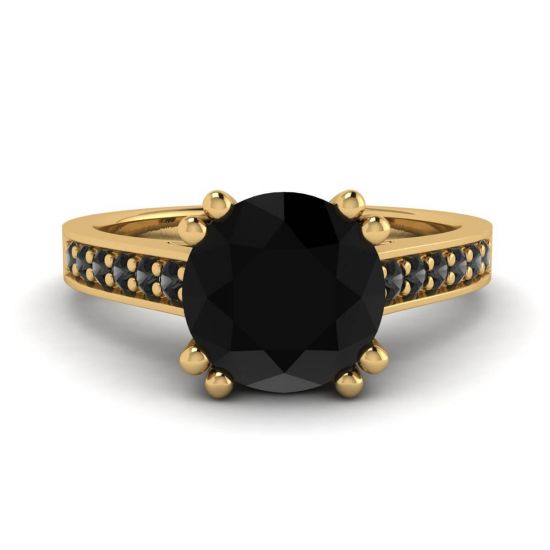 Round Black Diamond with Black Pave 18K Yellow Gold Ring, Enlarge image 1
