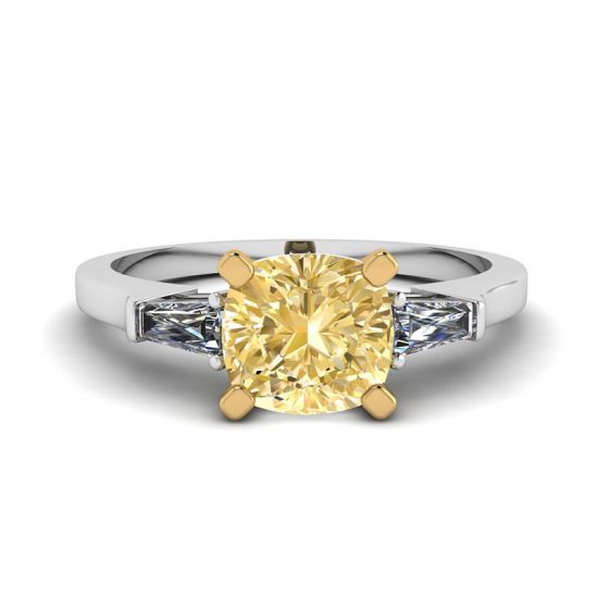 Cushion Yellow Diamond with White Baguettes Ring, Enlarge image 1