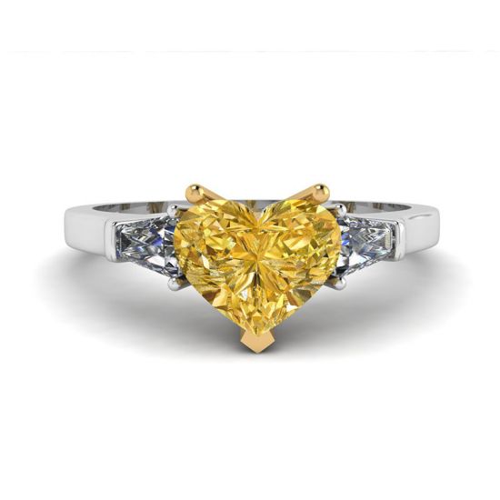 1 carat Heart Yellow Diamond with White Baguettes Ring, Enlarge image 1