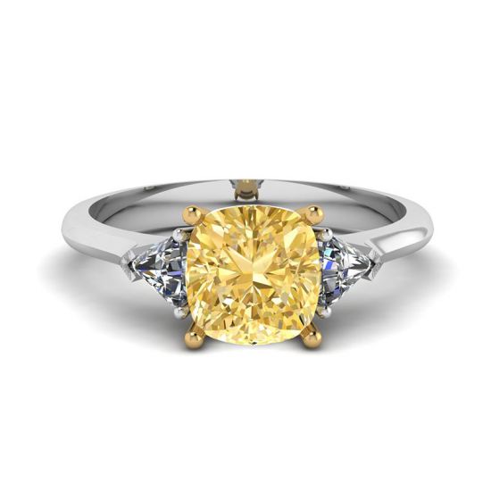 1 carat Cushion Yellow Diamond with Side Trillions Ring , Enlarge image 1