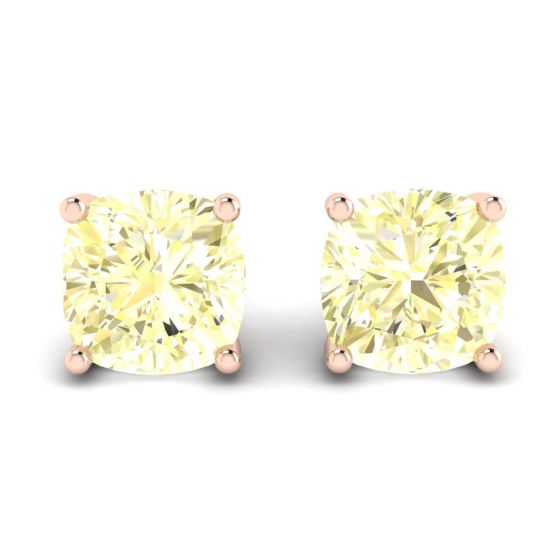 Cushion Yellow Diamond Stud Earrings in 18K Rose Gold, Enlarge image 1