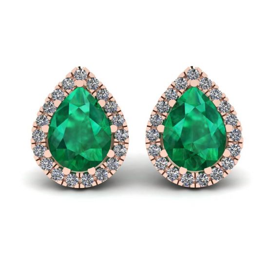 Pear-Shaped Emerald with Diamond Halo Earrings Rose Gold, Enlarge image 1