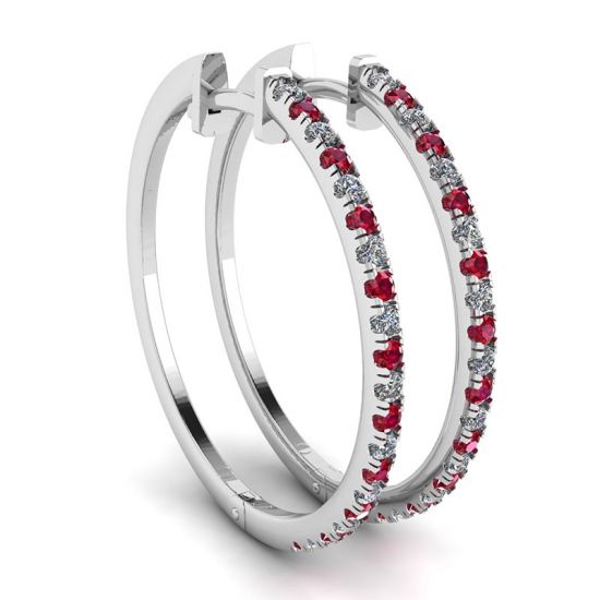 White Gold Hoop Earrings with Rubies and Diamonds , Enlarge image 1
