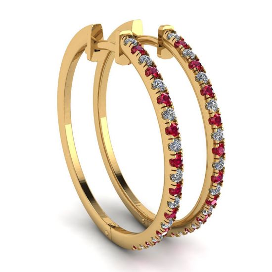 Yellow Gold Hoop Earrings with Rubies and Diamonds , Enlarge image 1