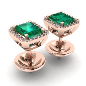 2 carat Emerald with Diamond Halo Stud Earrings Rose Gold - Photo 2