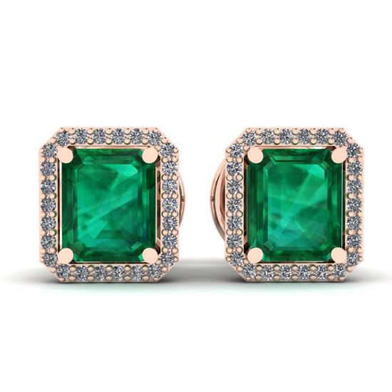 2 carat Emerald with Diamond Halo Stud Earrings Rose Gold, Image 1