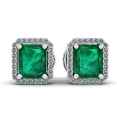 2 carat Emerald with Diamond Halo Stud Earrings White Gold