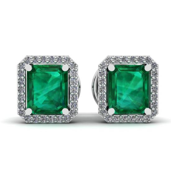 2 carat Emerald with Diamond Halo Stud Earrings White Gold, Enlarge image 1