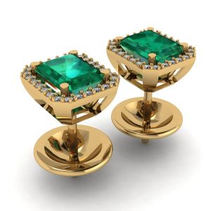 2 carat Emerald with Diamond Halo Stud Earrings in Yellow Gold - Photo 2