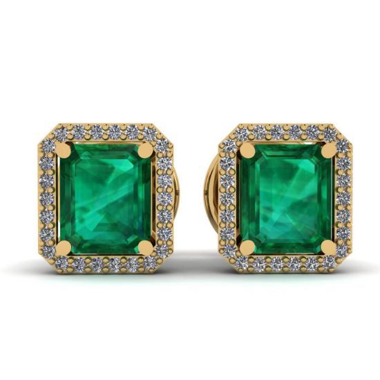 2 carat Emerald with Diamond Halo Stud Earrings in Yellow Gold, Enlarge image 1