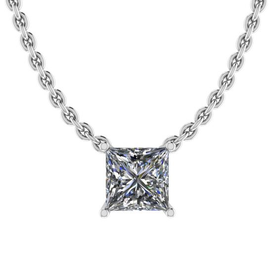 Princess Diamond Solitaire Necklace on Thin Chain White Gold, Enlarge image 1