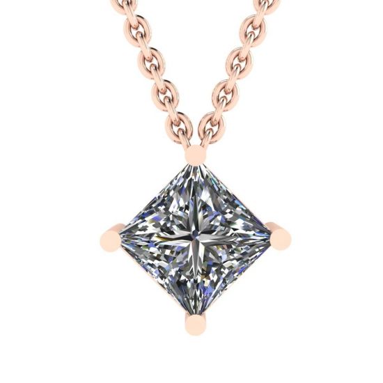 Rhombus Princess Cut Diamond Solitaire Necklace Rose Gold, Enlarge image 1