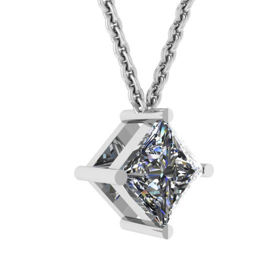 Rhombus Princess Cut Diamond Solitaire Necklace White Gold,  Enlarge image 2