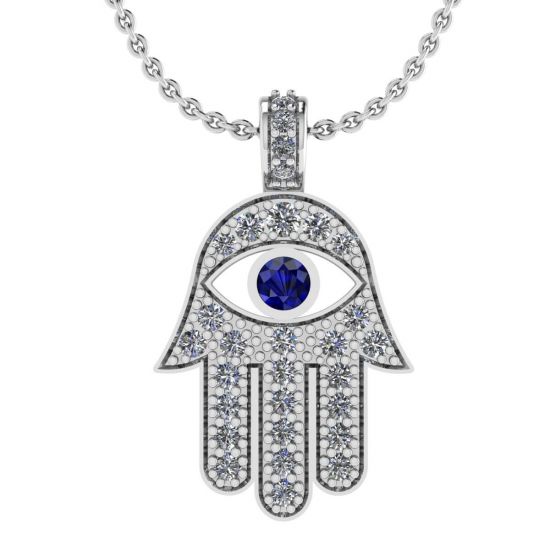 Hamsa Pendant with Diamonds and Sapphires White Gold, Enlarge image 1
